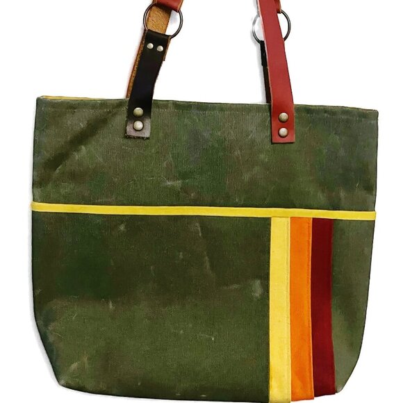 None Handbags - Army Green Canvas Small Tote with Rainbow